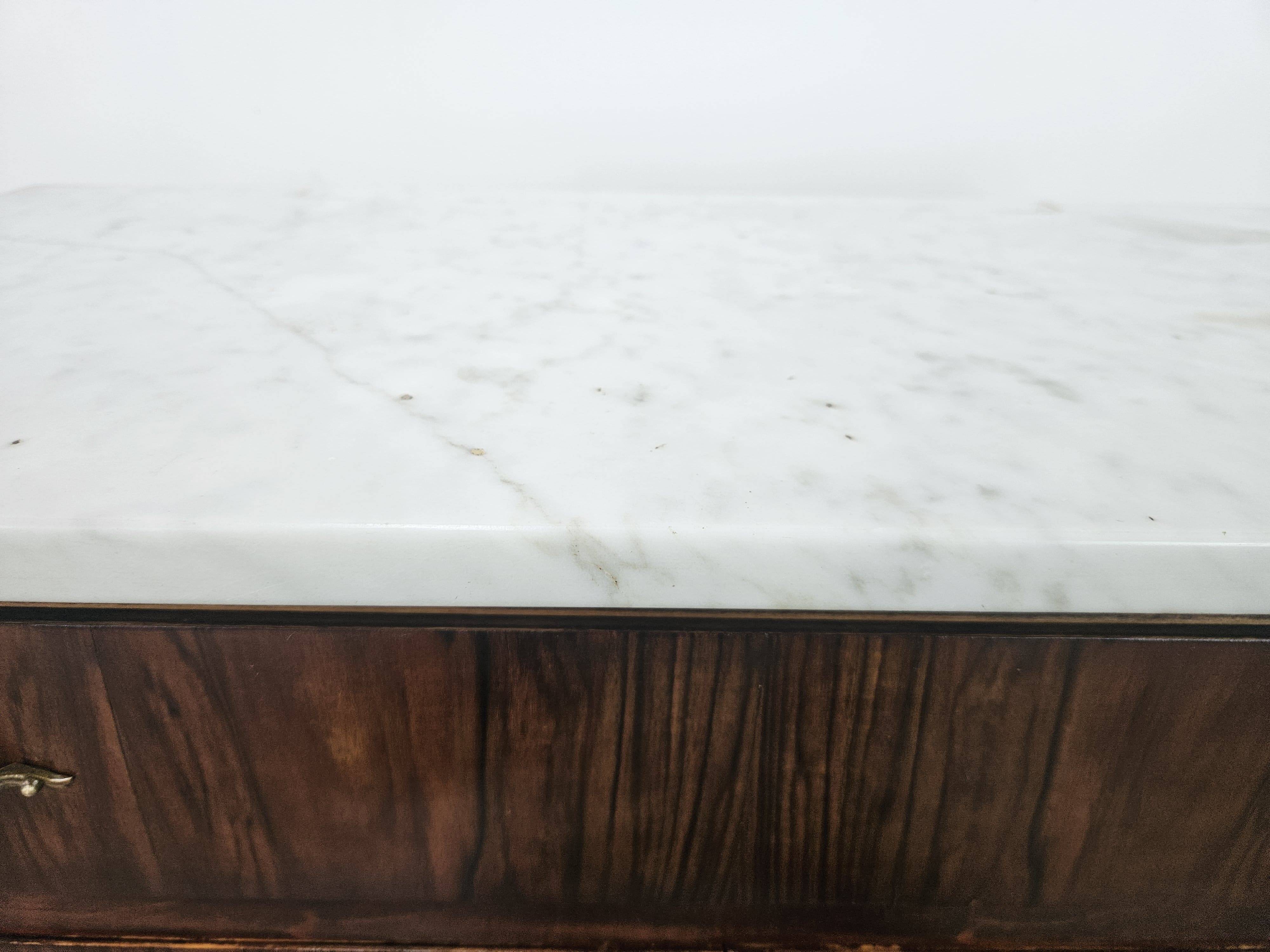 Mahogany burl dressing table with white marble top
