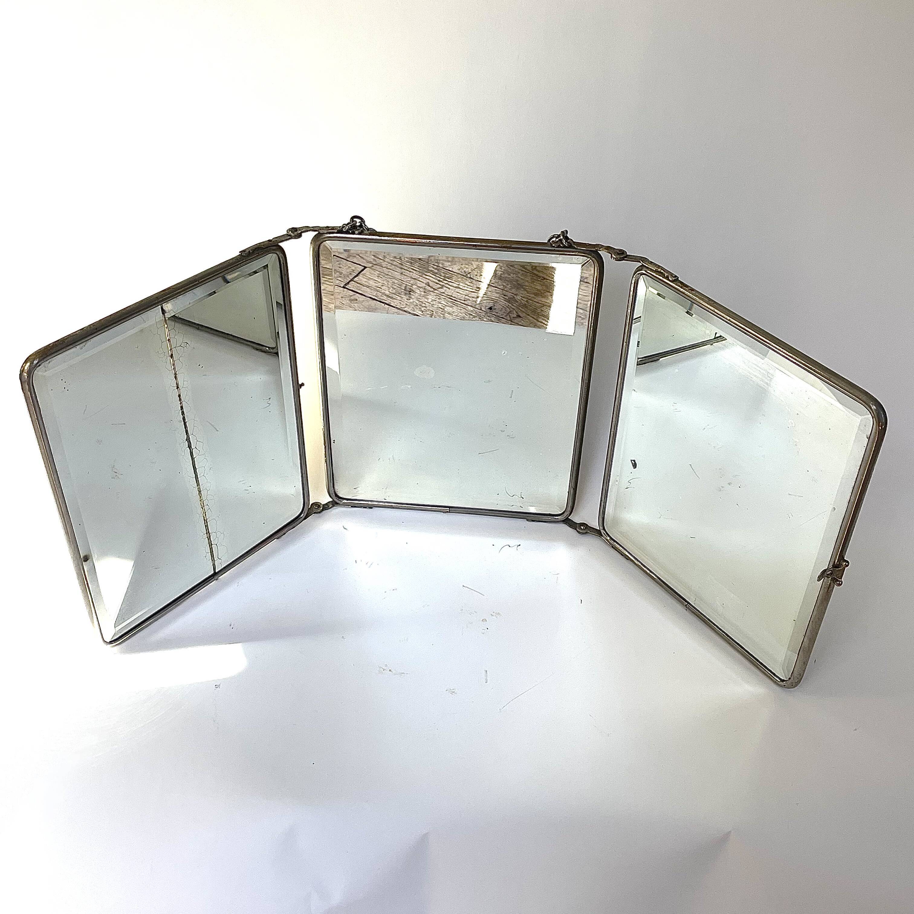 Barber's triptych mirror, beveled ice, vintage 1950