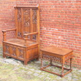 Neo gothic throne and side table, France ca 1900, Set of 2.