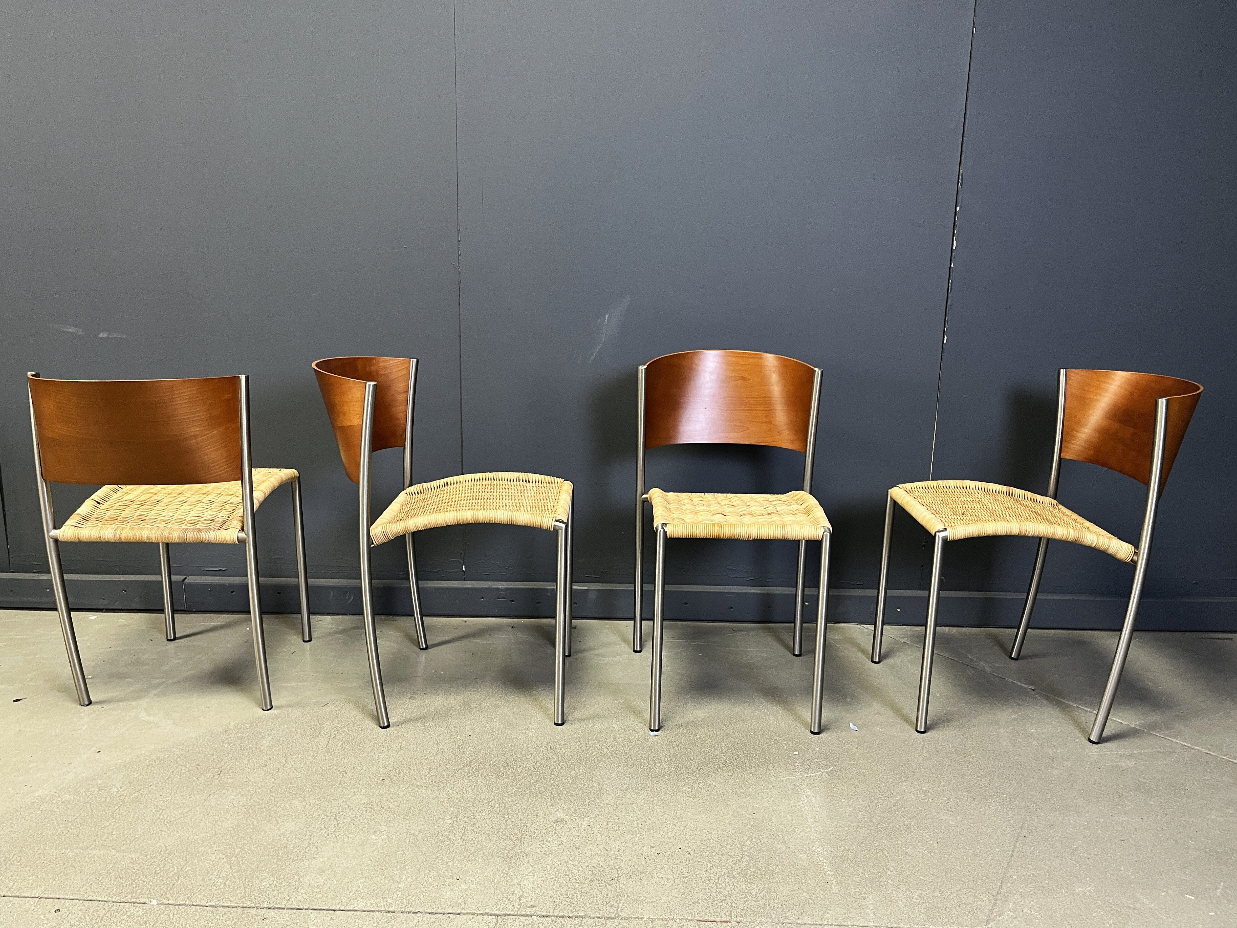 Chaises de salle à manger vintage en osier et chrome, années 1980