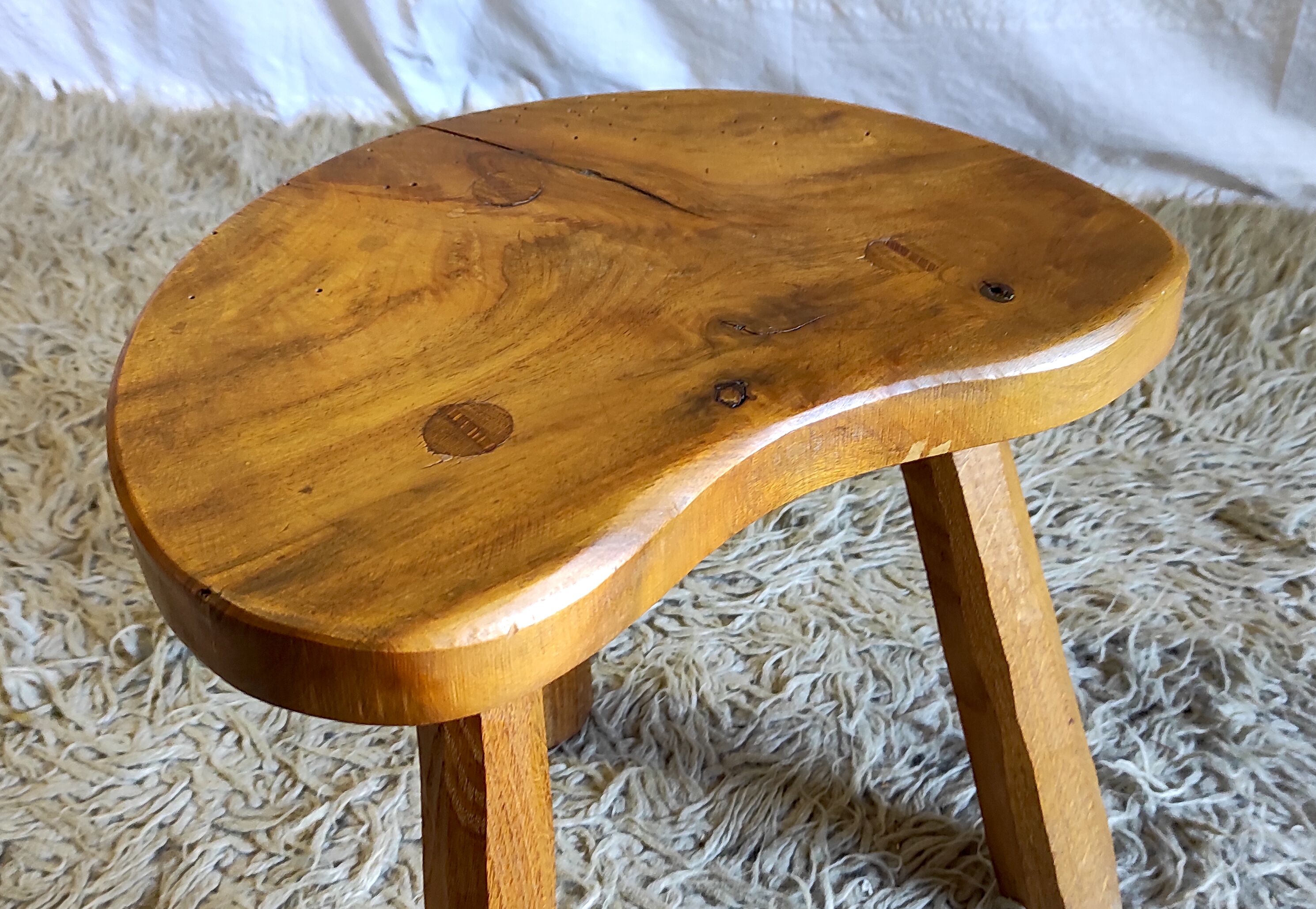 Brutalist tripod stool in solid wood, 80s