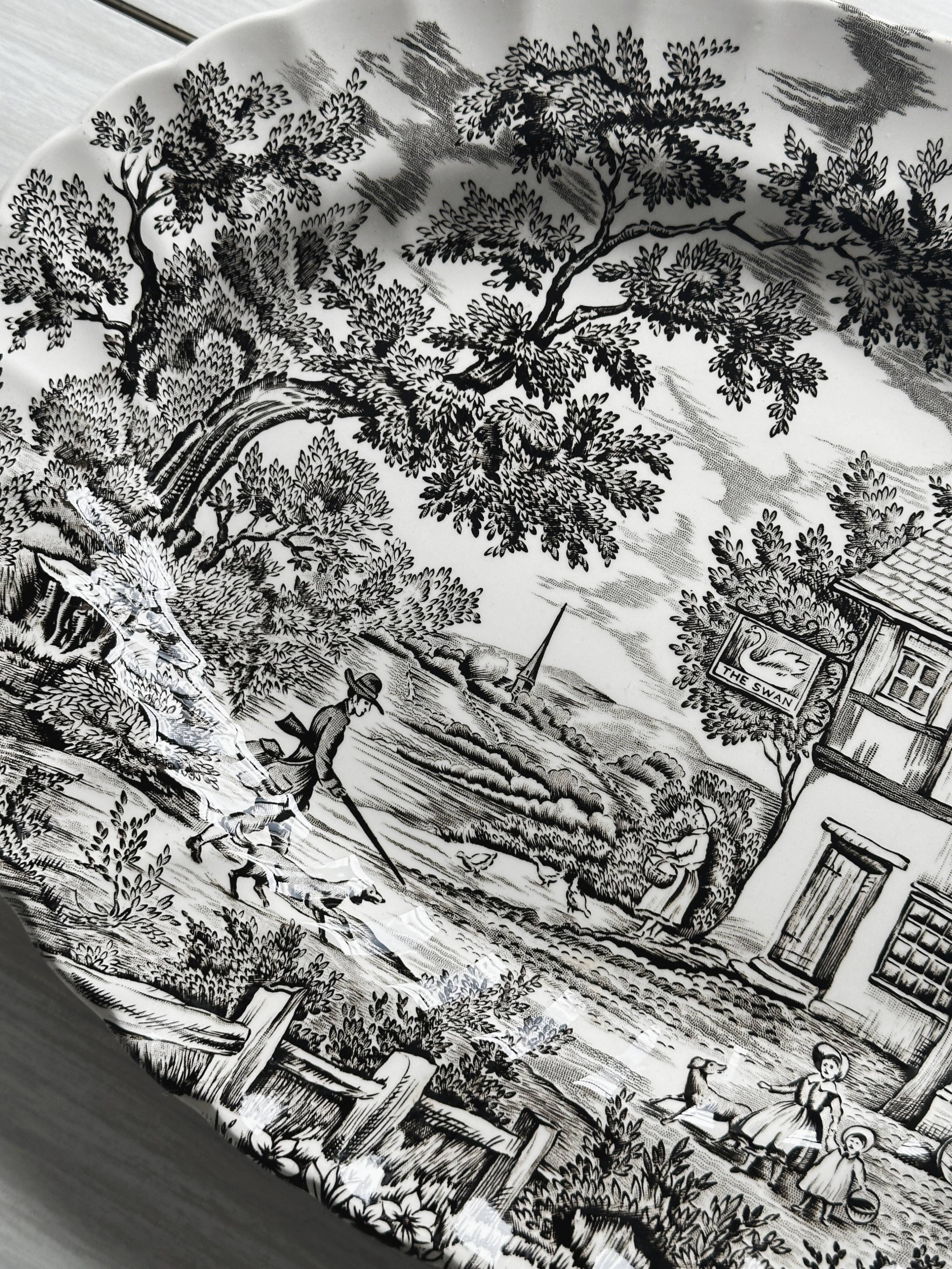 English earthenware dish, countryside scene illustration