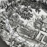 English earthenware dish, countryside scene illustration