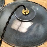 3 blue enameled sheet metal pendant lights