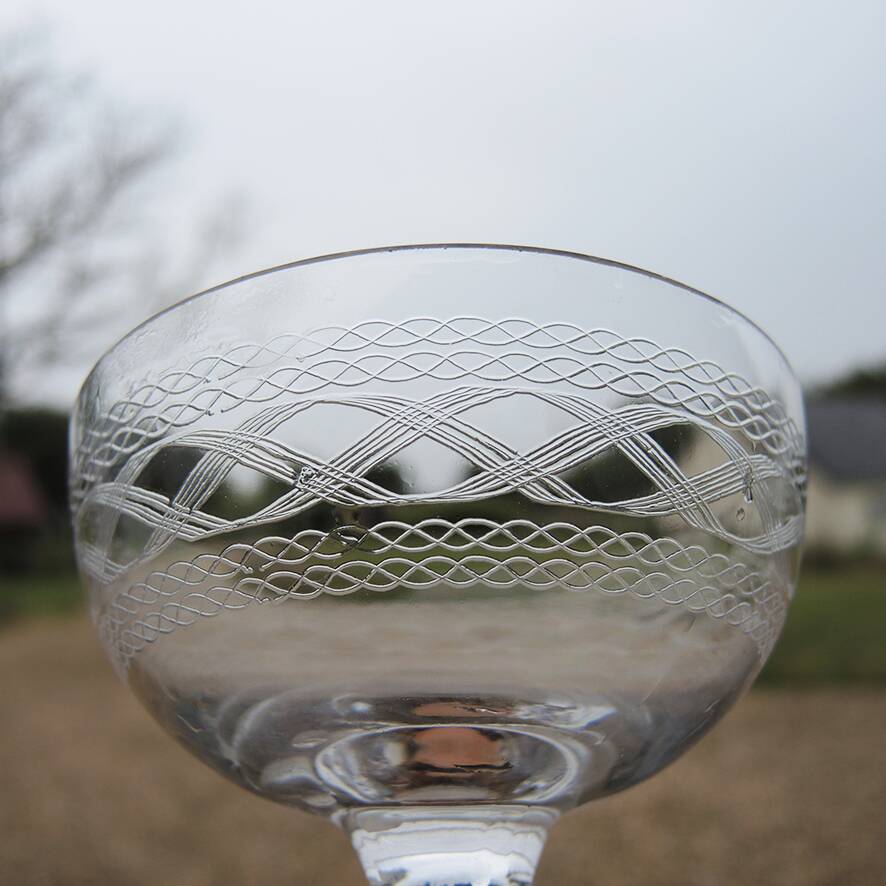 4 Antique Glass Champagne Coupes with Ribbon Pattern