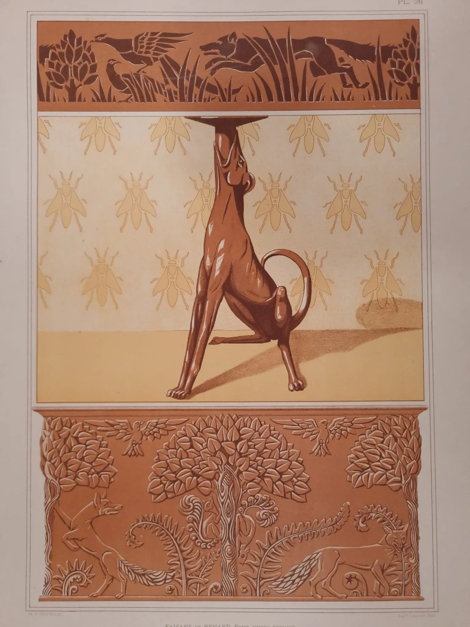 Art nouveau lithograph dog candlestick and bees – M.P. Verneuil, 1897
