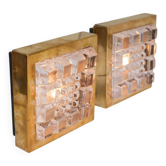 Swedish brutalist glass and brass wall lamps from Falkenbergs Belysning, set of 2