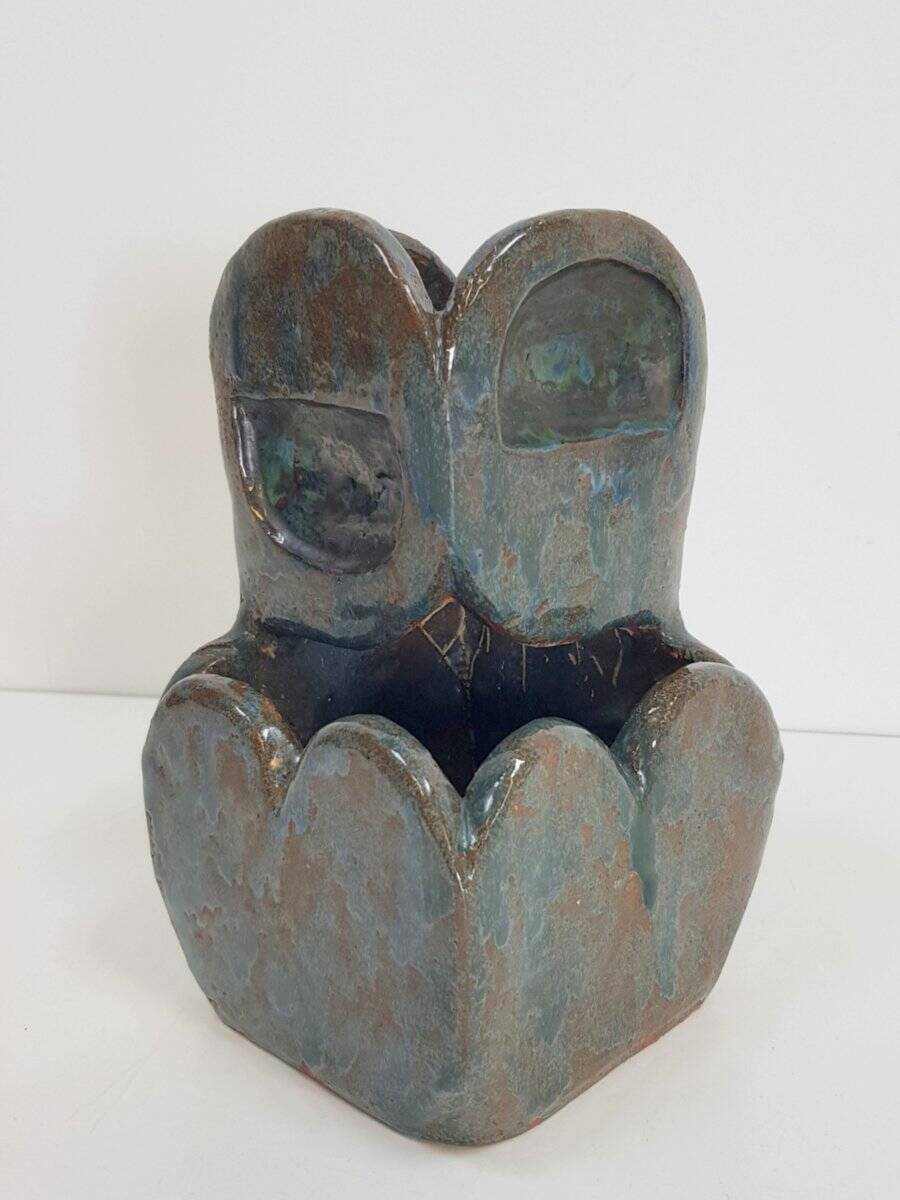 Brutalist Green Glazed Ceramic Flowerpot, 1960s