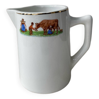 Old milk jug Moulin des Loups cow pattern children in the field