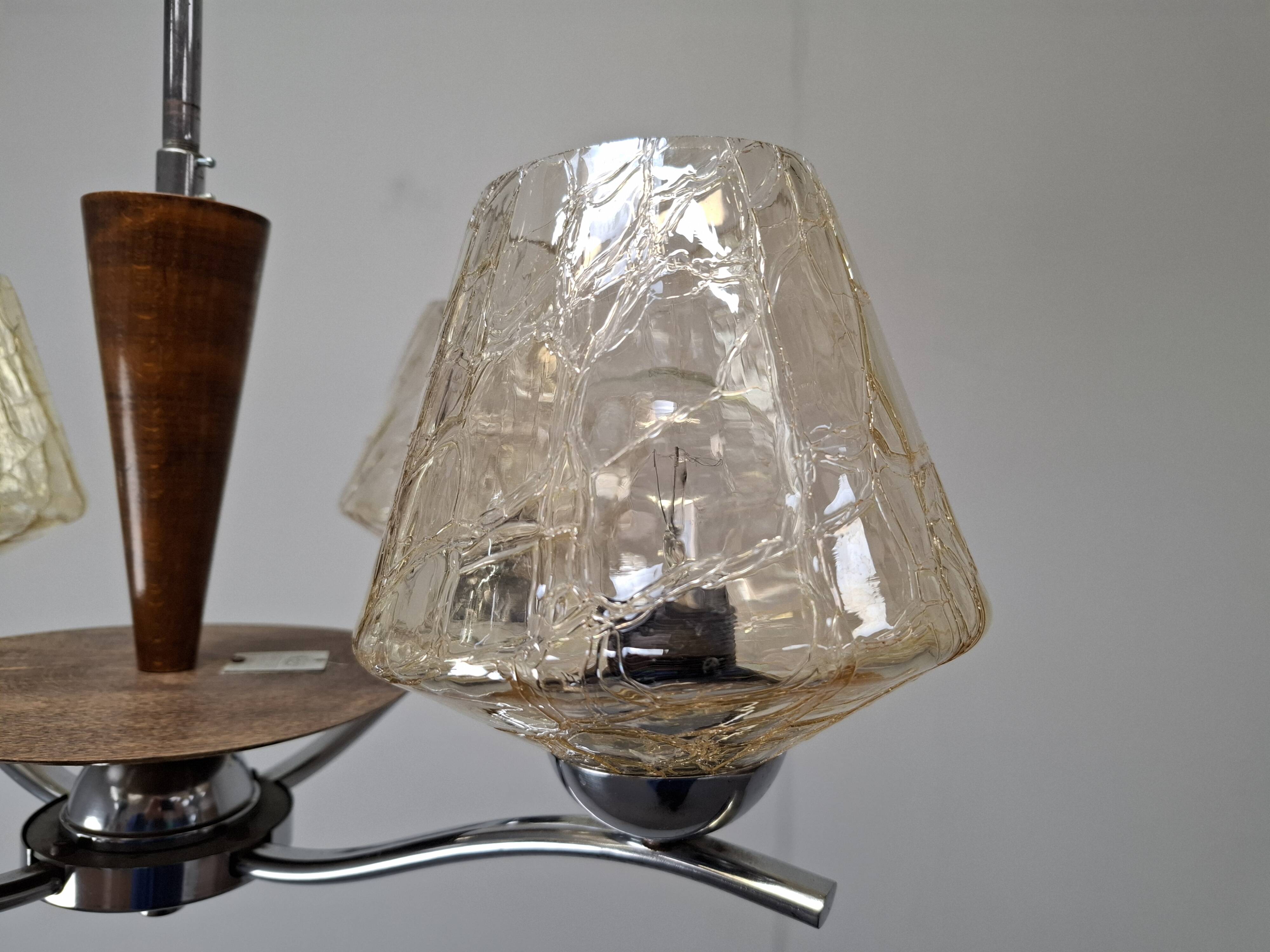 1960s Napako Mid-Century Modern Czech Four-Arm Glass Wood Chrome Chandelier