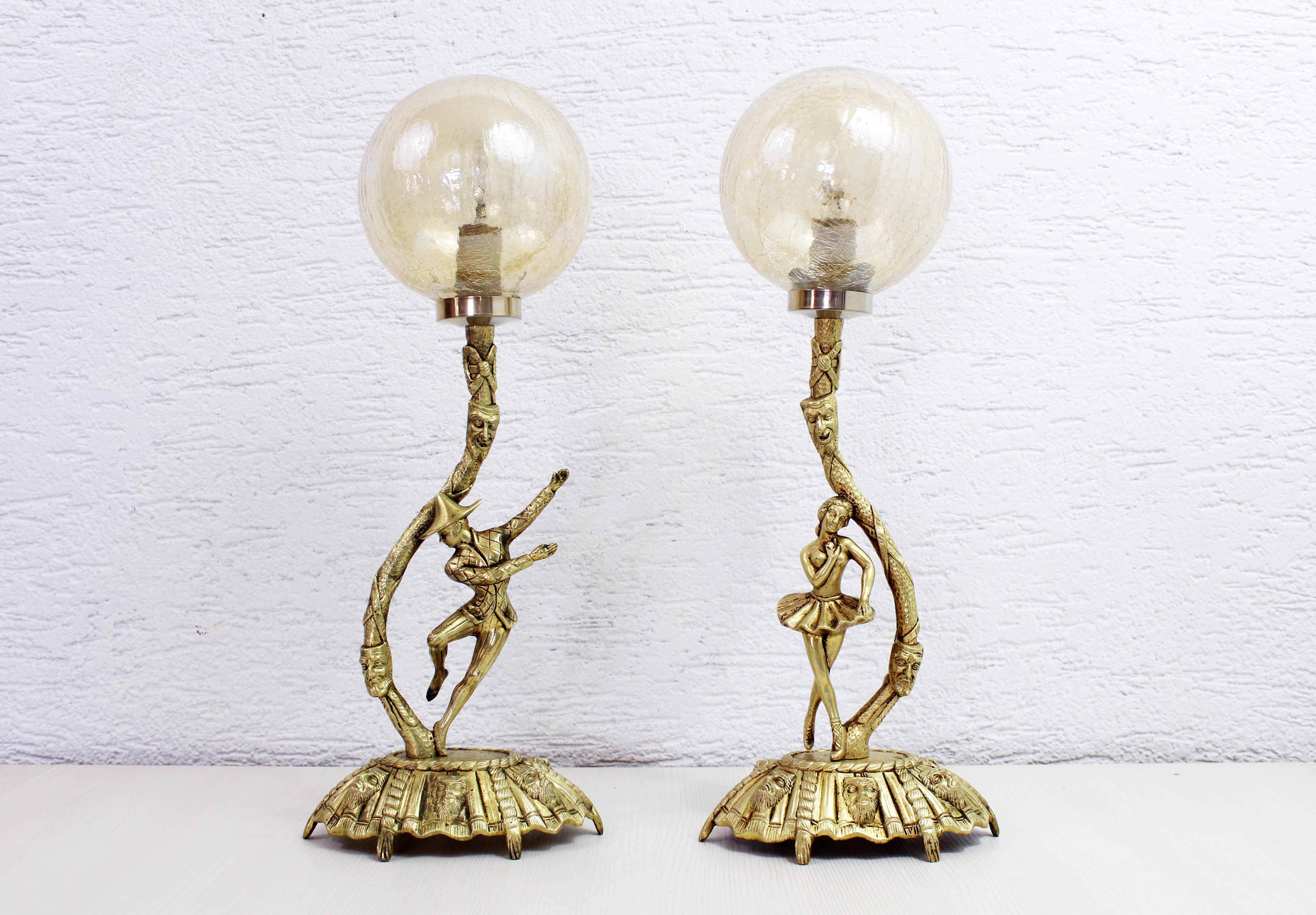 Pair of Commedia Dell Arte lamps in bronze and XXth glass