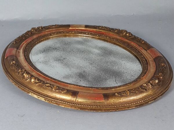 Ancien miroir ovale cadre bois stuc dorure d'origine 37x31 cm Belle patine