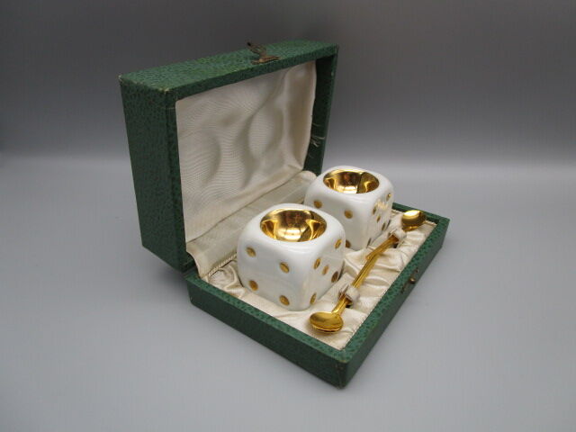 Pair of vintage porcelain salerons, shape dice to play - in case