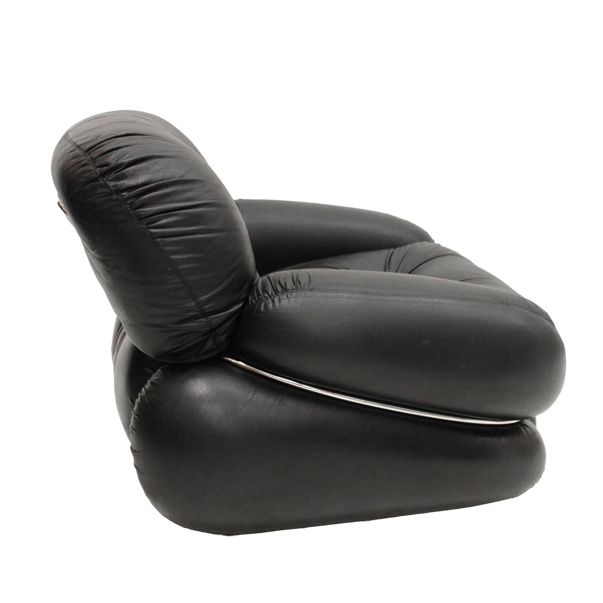 Italian Pair Of Armchairs by Adriano Piazzesi Okay Black Leather and Steel