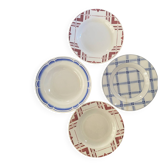 Lot assiettes creuses anciennes en rouge et bleu.