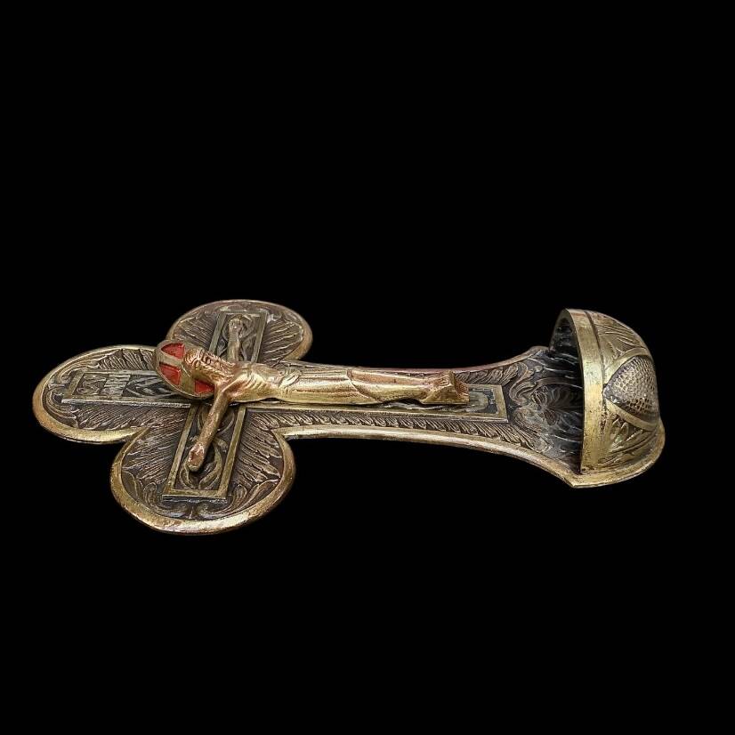 Old holy water stoup crucifix – patinated bronze