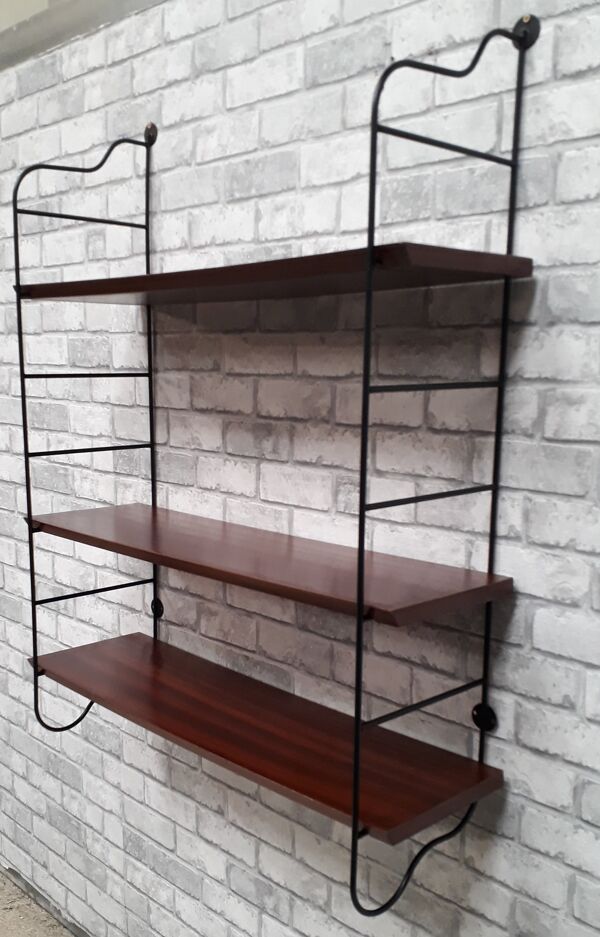 Etagere scandinave 1940 a 50 Tomado acier et 3 plateaux 65x19. Plaquage bois d acajou bisauté
