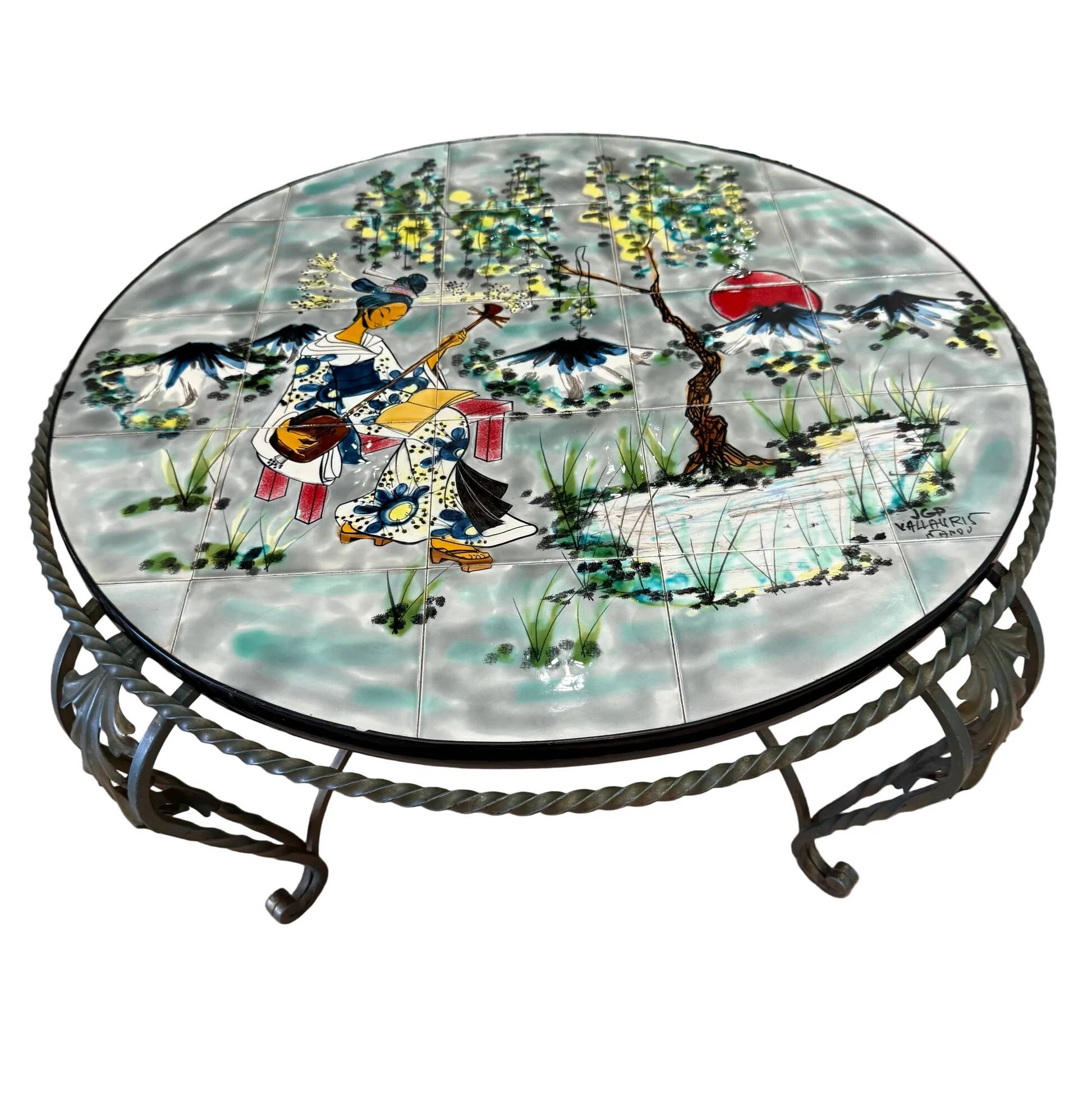 Vintage coffee table J&G Picard Vallauris – Glazed ceramic top with Japonese-style decoration