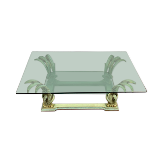 Carved wood coffee table, patinated with reed decorations, 2 beveled glass trays