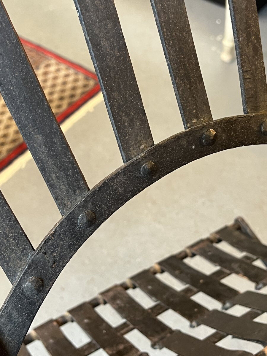 Set of 4 folding garden chairs in wrought iron and riveted, 19th century, Napoleon model.