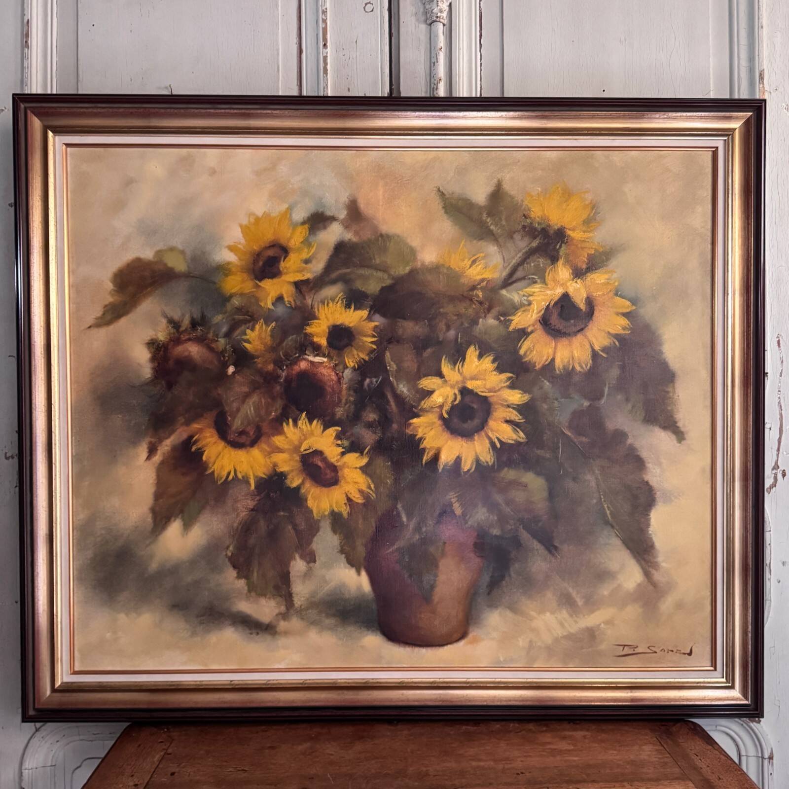 Oil on canvas still life with sunflowers by P. Sorrol 20th century