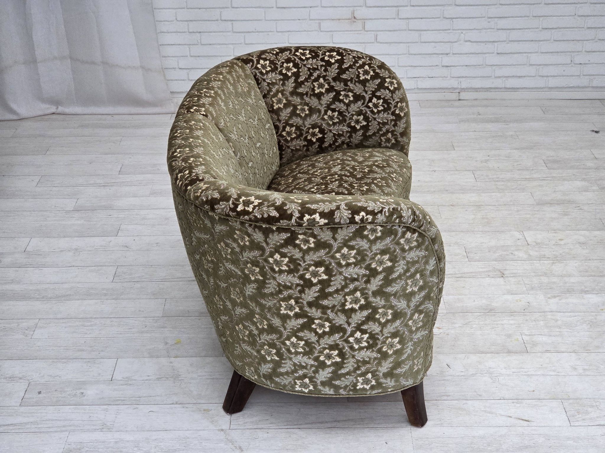 1960s, Danish curved 2-seater sofa, green furniture velour, beech wood.