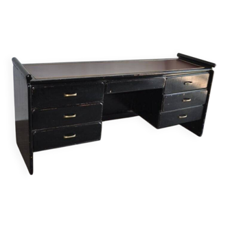Hungarian Art Deco desk in black painted wood with a brown top and metal handles.