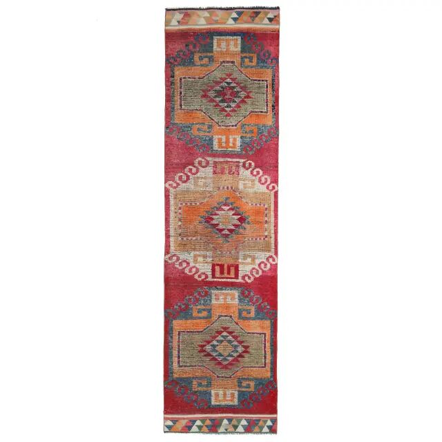 Vintage Turkish Hand-Knotted Wool Cotton Pink Runner Rug 94x358