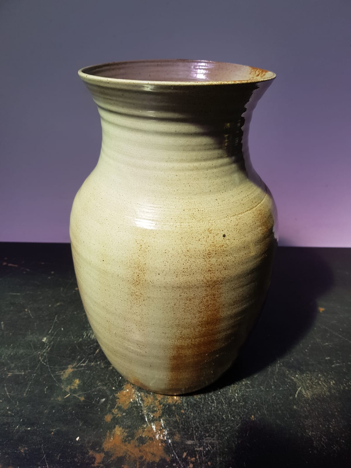 Old brown sandstone vase & beige signed deco 70s vintage