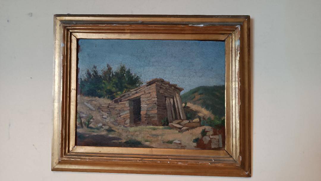 peinture de paysage à l'huile sur carton, cadre ancien du début des années