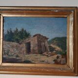 peinture de paysage à l'huile sur carton, cadre ancien du début des années