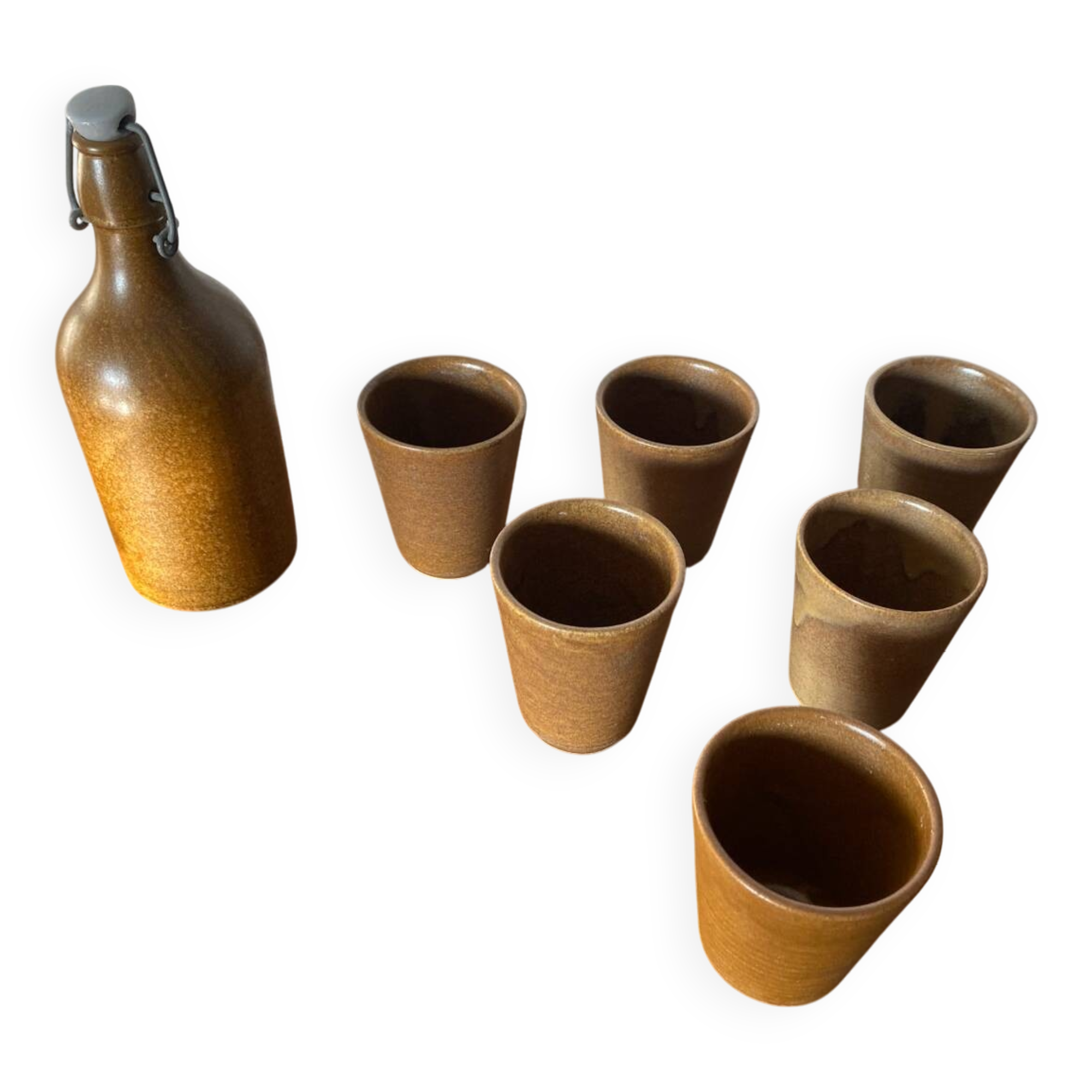 Antique Bottle Service + 6 Stoneware Goblets DIGOIN France Vintage