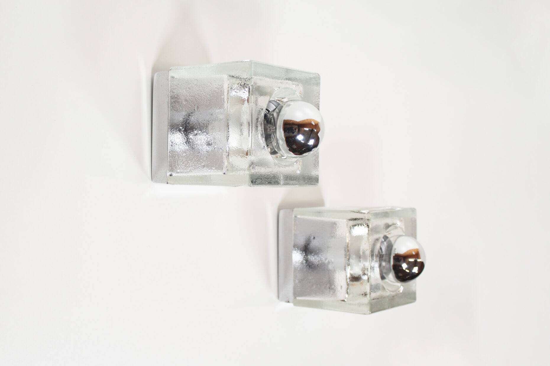 Set (2) of metal and ice glass 'cube' wall lights, Germany 1970s