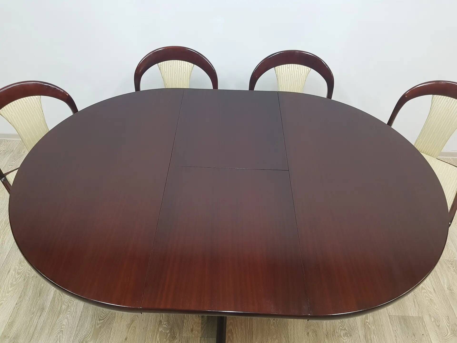 Dining set, brown mahogany, beige fabric, Lübke, Germany, 1960s.