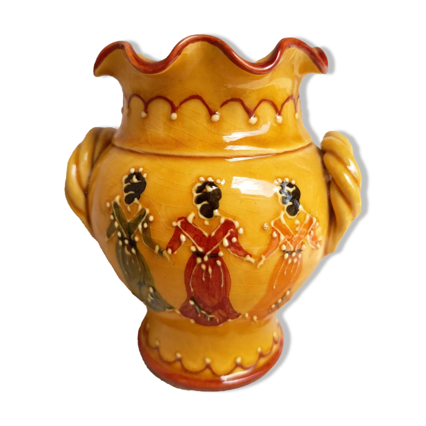 Vase pitcher Vallauris vintage yellow 3 Spanish dancers 50s