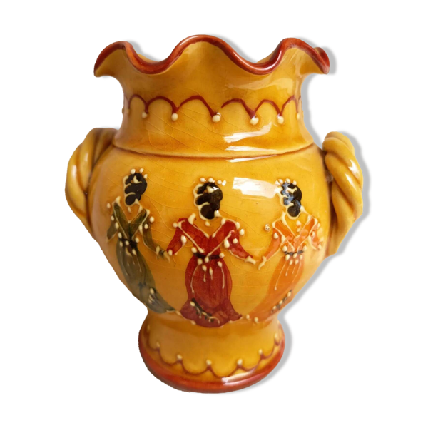 Vase pichet Vallauris vintage jaune 3 danseuses espagnoles 50s