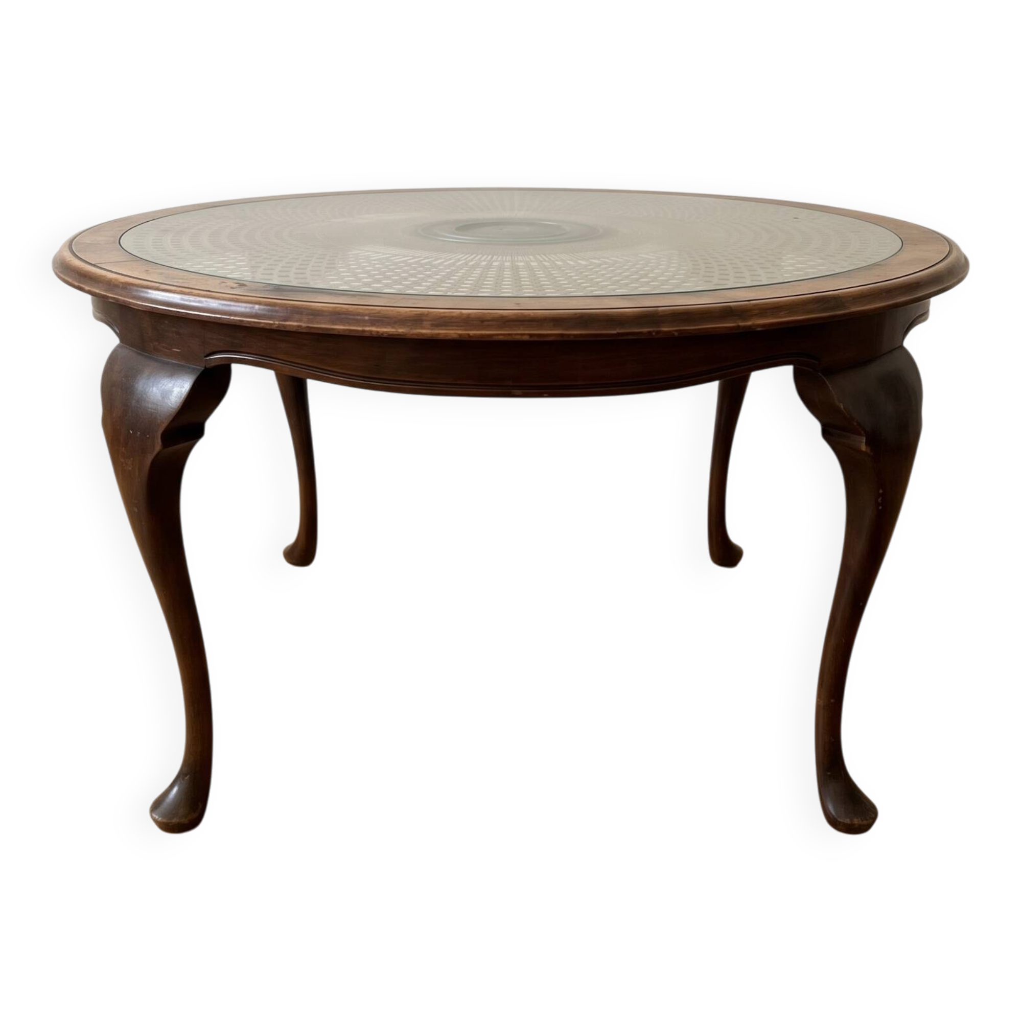 Louis XV coffee table in wood with decorative glass top.