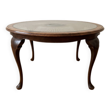 Louis XV coffee table in wood with decorative glass top.