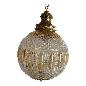 Grande suspension boule en verre pressé bicolore