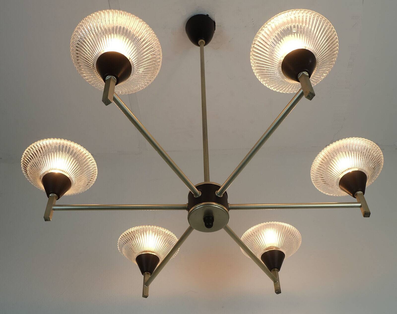 6-light mid century CHANDELIER pendant light glass aluminum and metal earyl 1960s