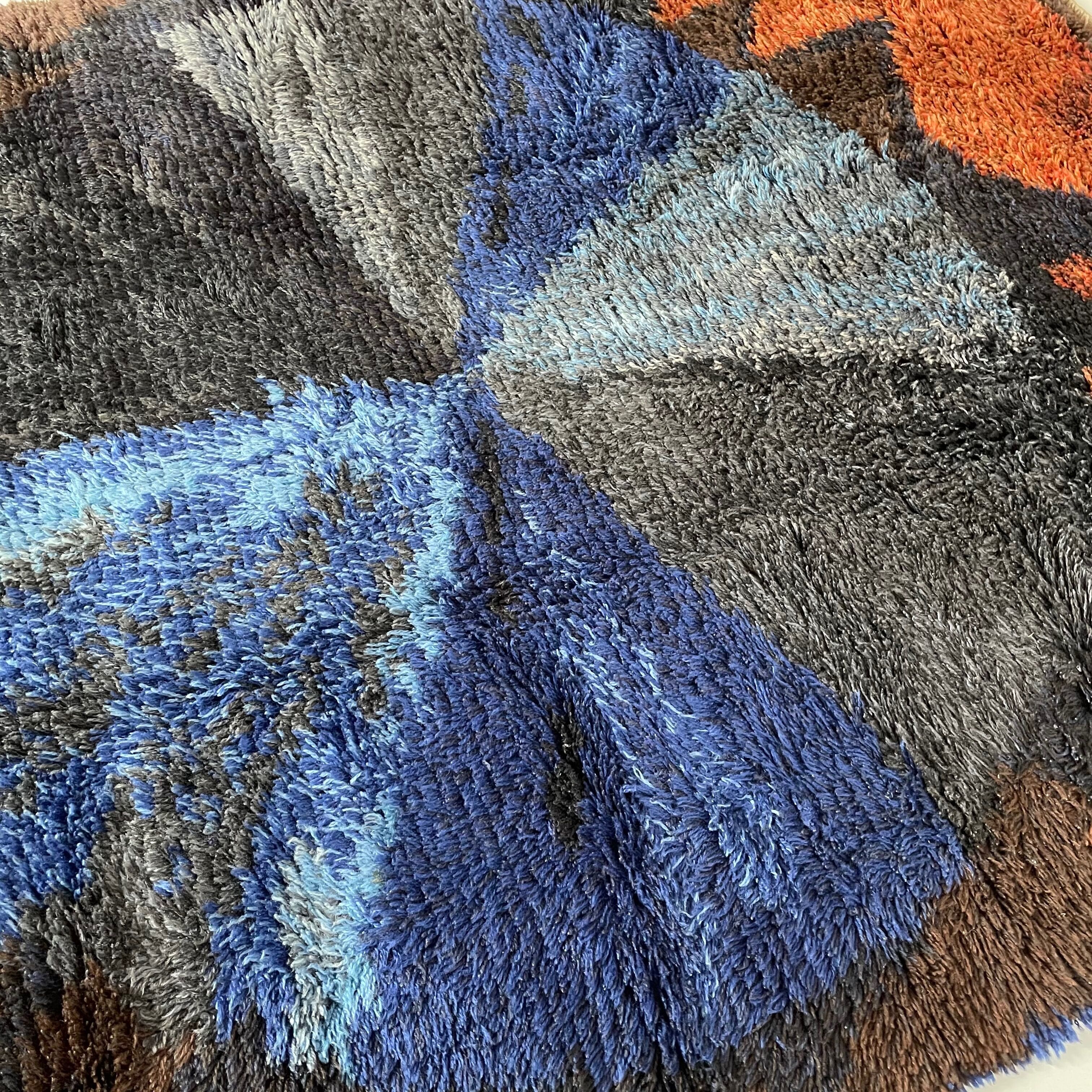 Abstract Scandinavian Multicolor High Pile Rya Rug Carpet, Sweden, 1960s