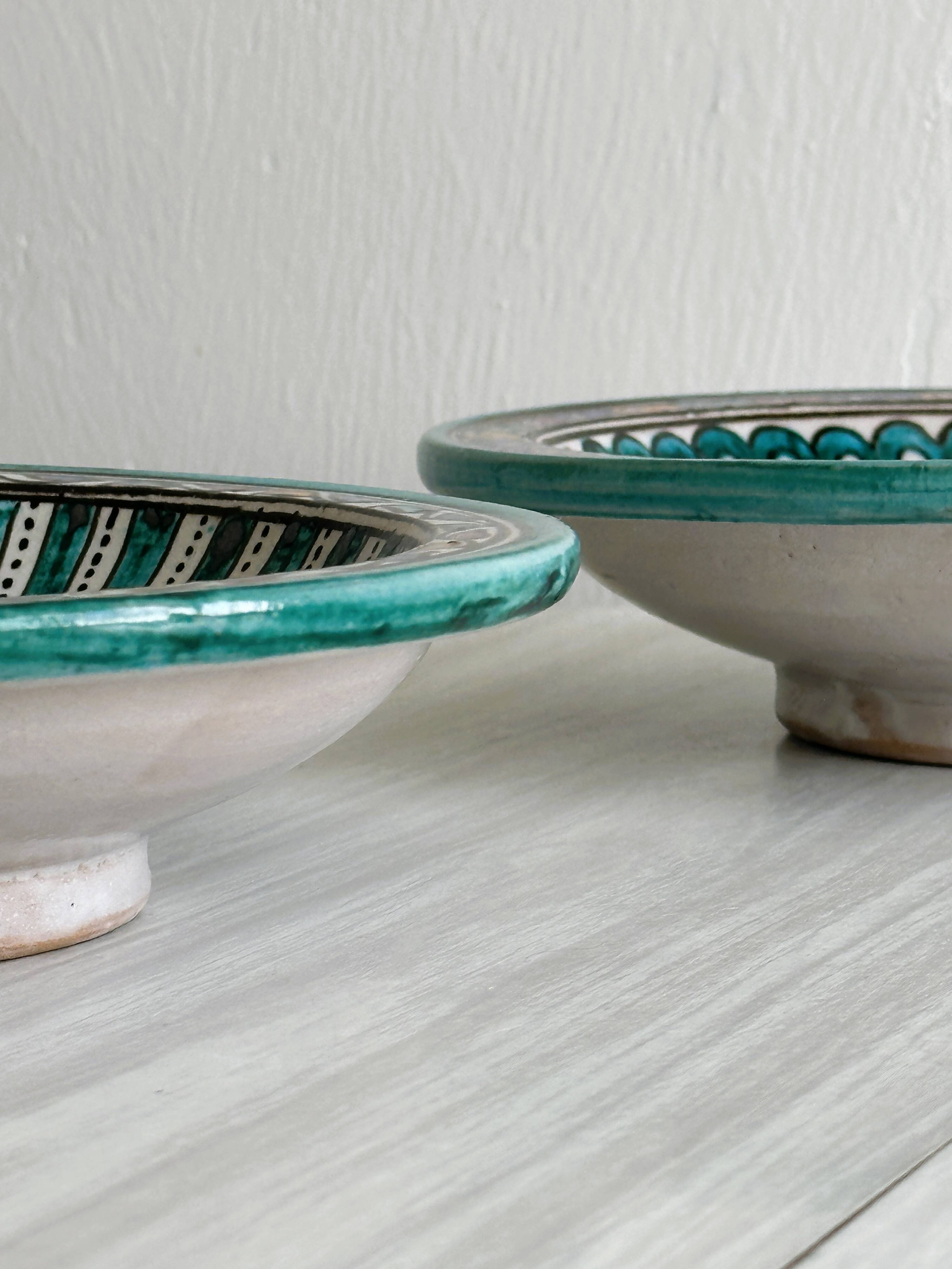 2 antique handmade ceramic dishes, colorful plates