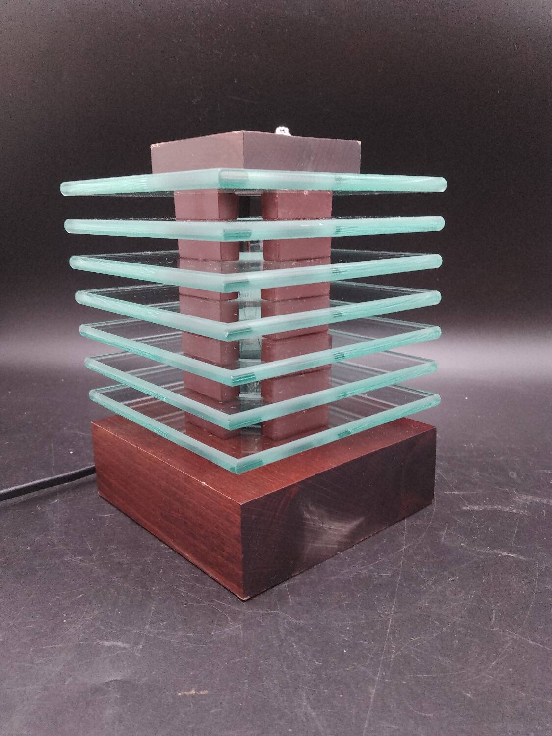 Desny Demeter glass and wood lamp, modernist art deco reissue