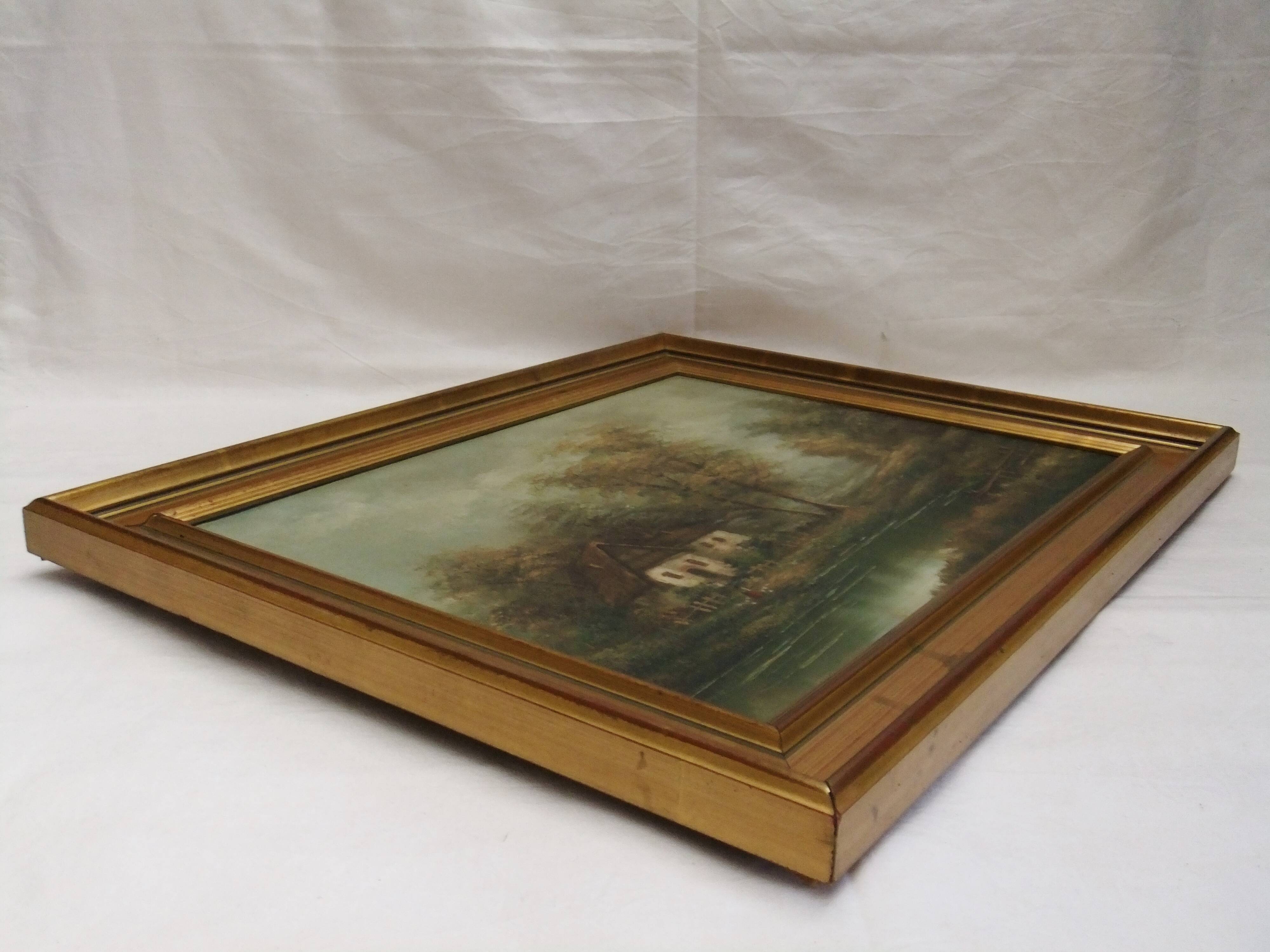 Painting on oil canvas J Evans golden frame landscape