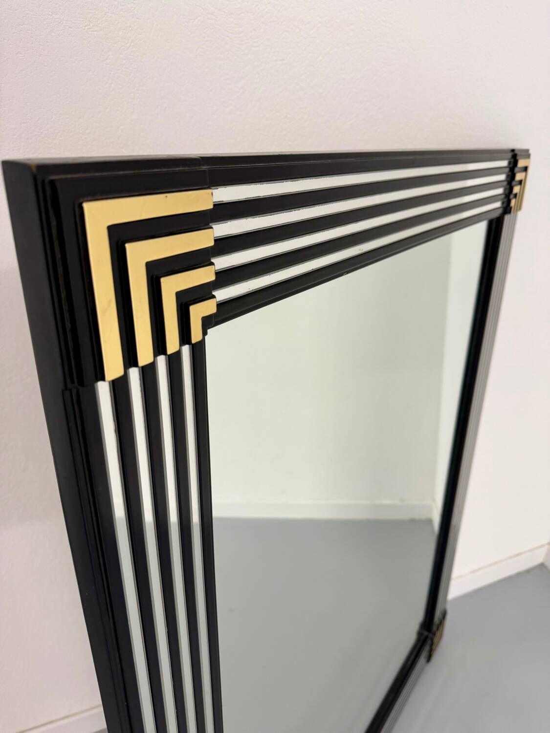 Grand miroir vintage année 70 design DEKNUDT décor géométrique bois