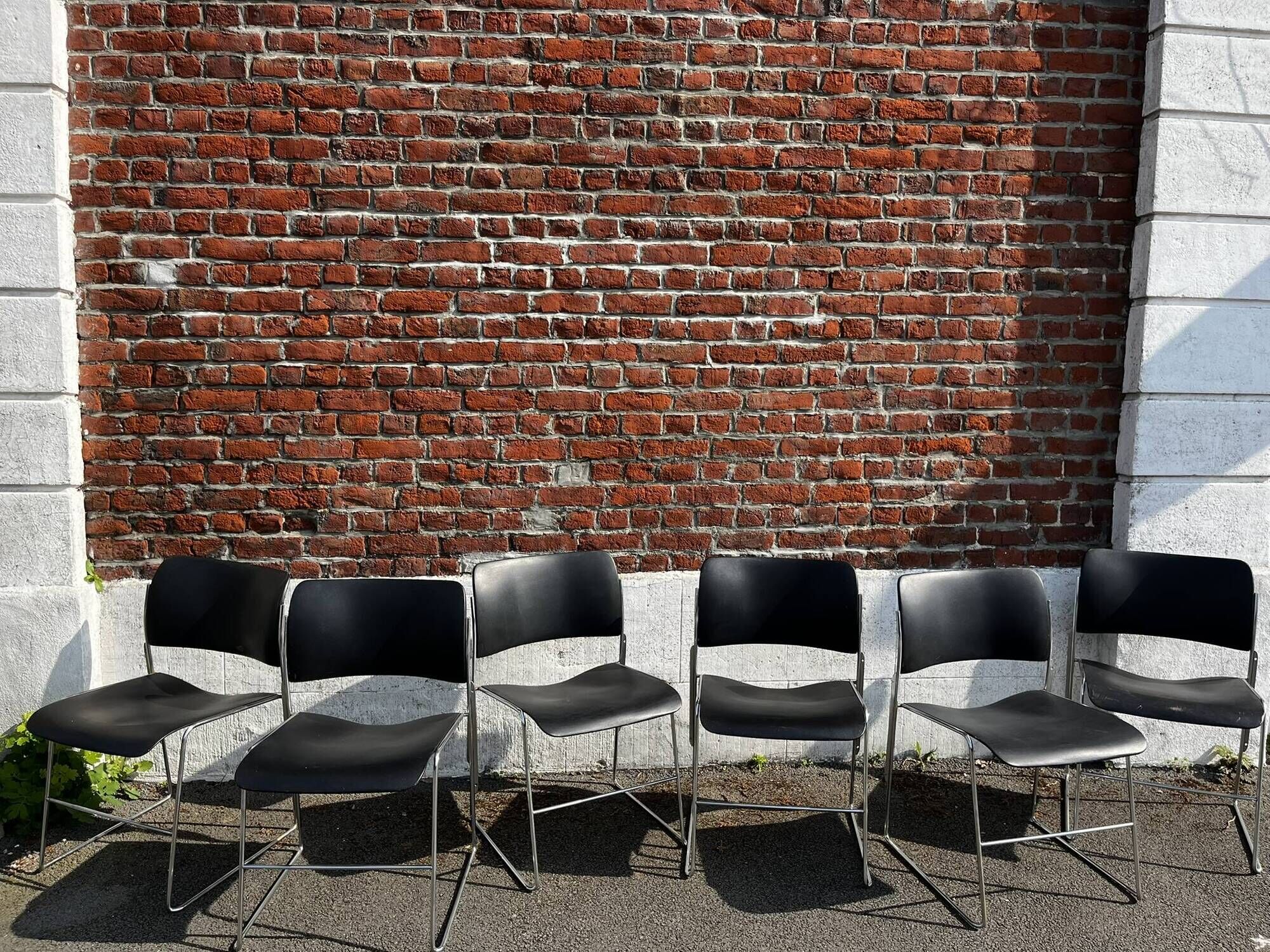 Set of 6 black metal chairs, model GF 40/4 by David Rowland.