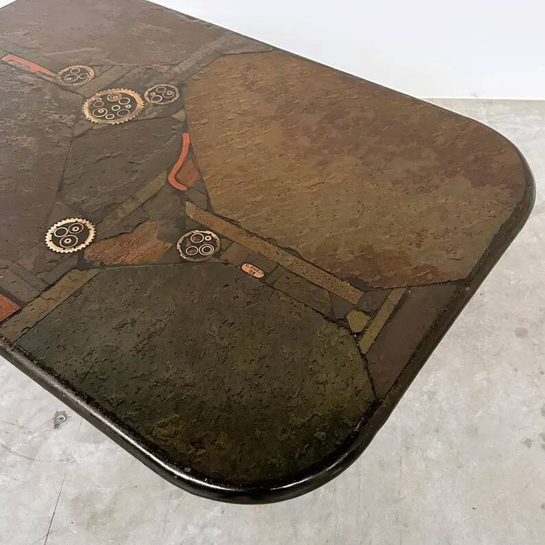 Brutalist coffee table in mixed media by Kneip, signed 1993