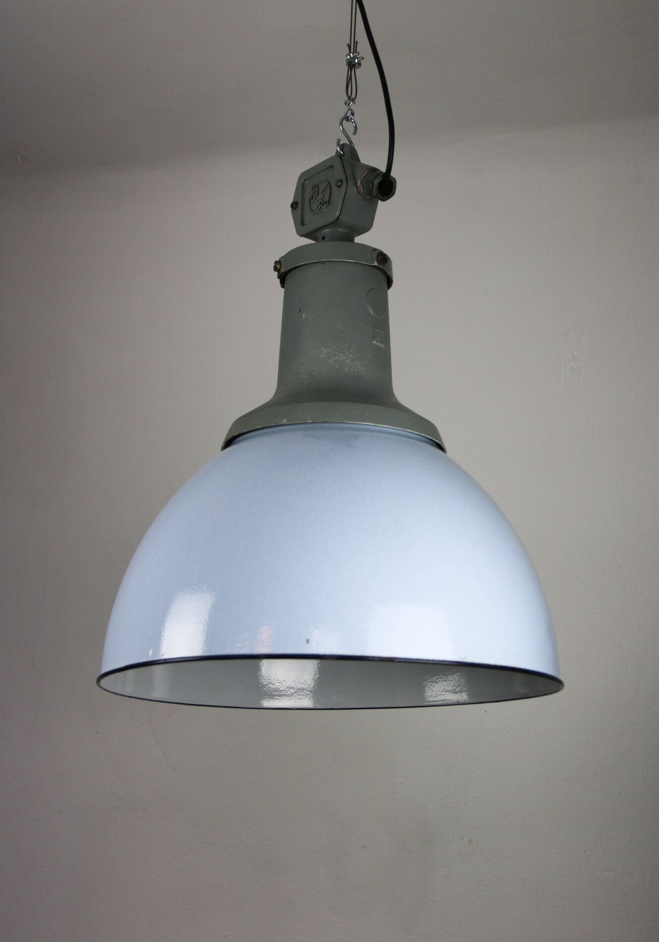 Vintage light blue enamel industrial factory pendant light from ElKo, 1960s