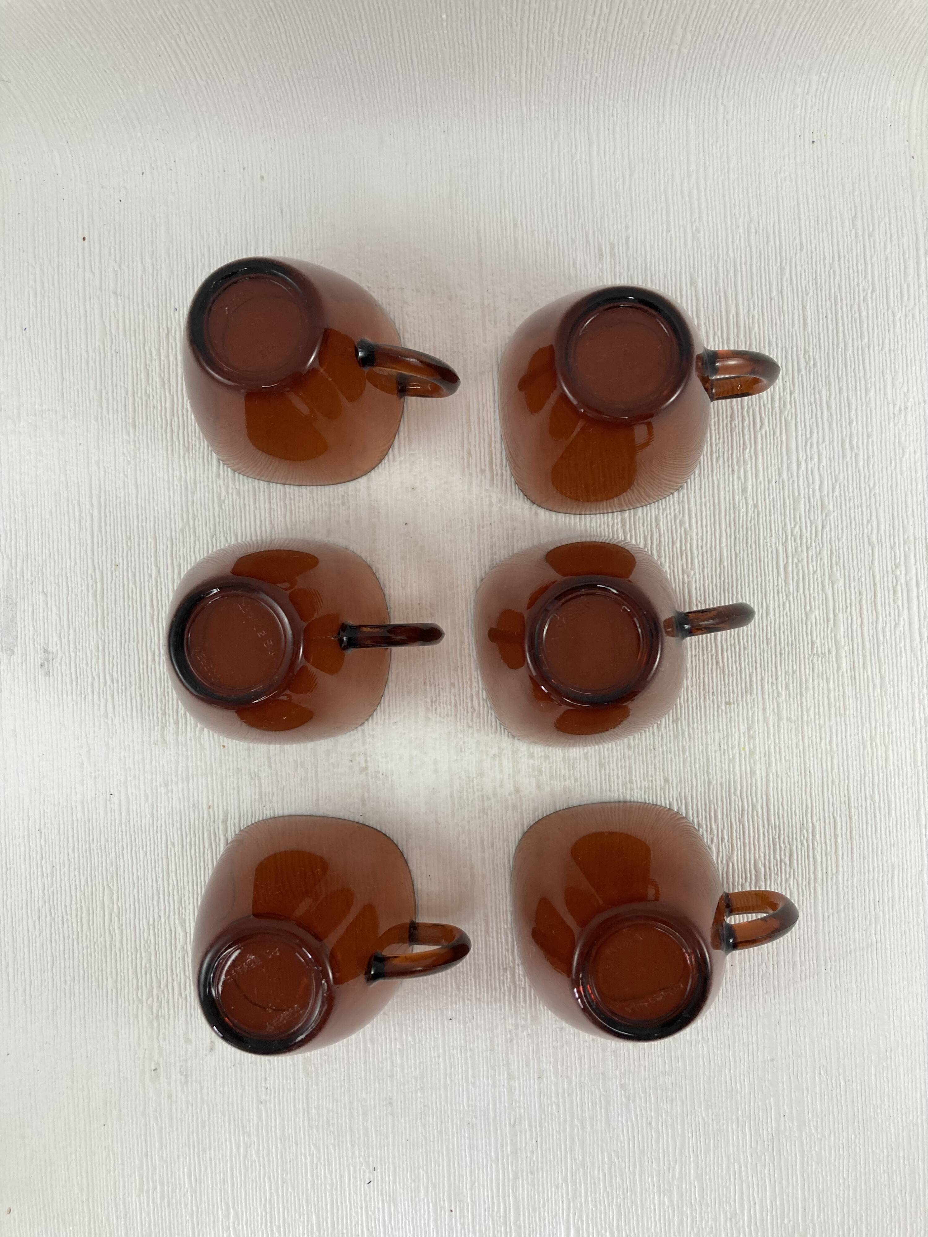 Service of 6 coffee cups and saucers Vereco amber glass design 1970