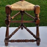 Straw and wooden triangle tripod stool H 47 cm